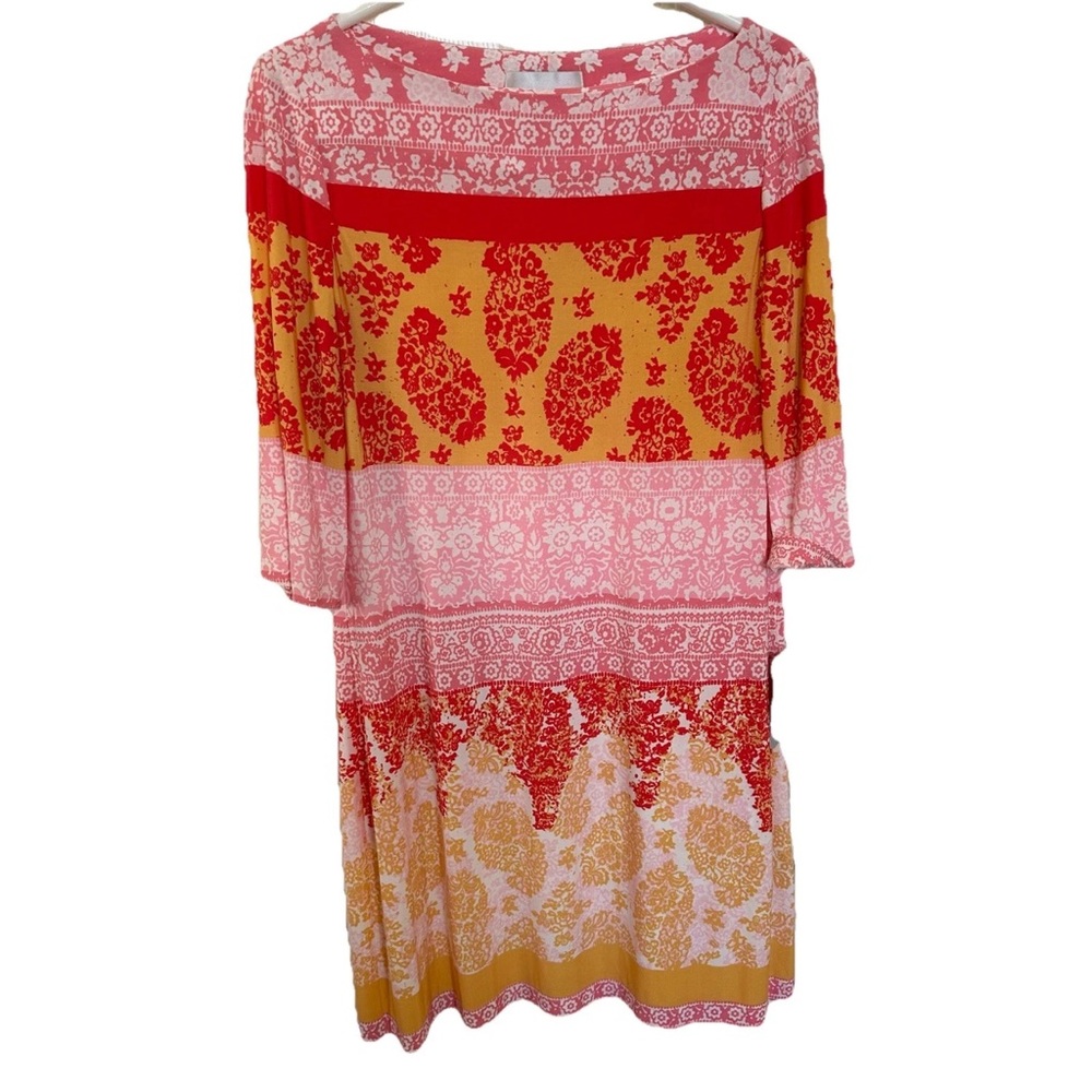 Bohemian Floral Paisey Colorblock Shift Midi Dress-12P-Dopamine 70’s Vibe Travel